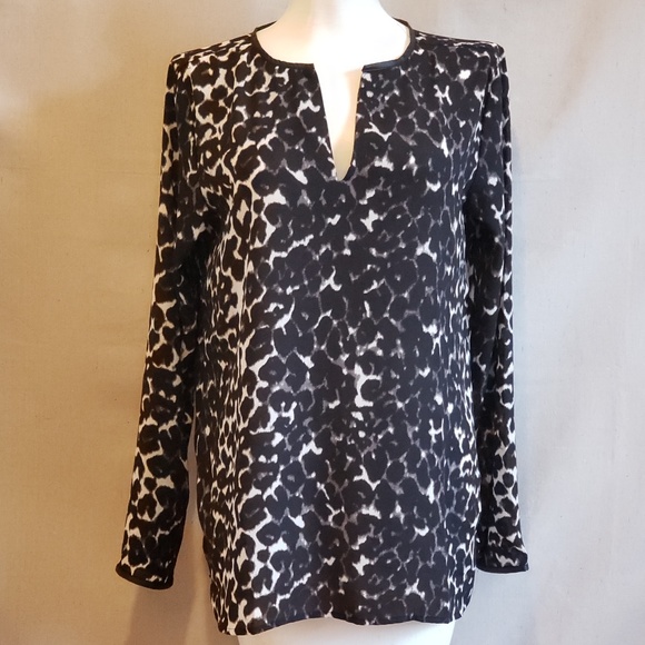 LOFT Tops - Ann Taylor Loft LEOPARD Blouse faux leather trim S